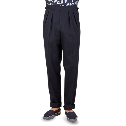 Kit Blake Navy Blue Cotton Twill Pleated Trousers Front