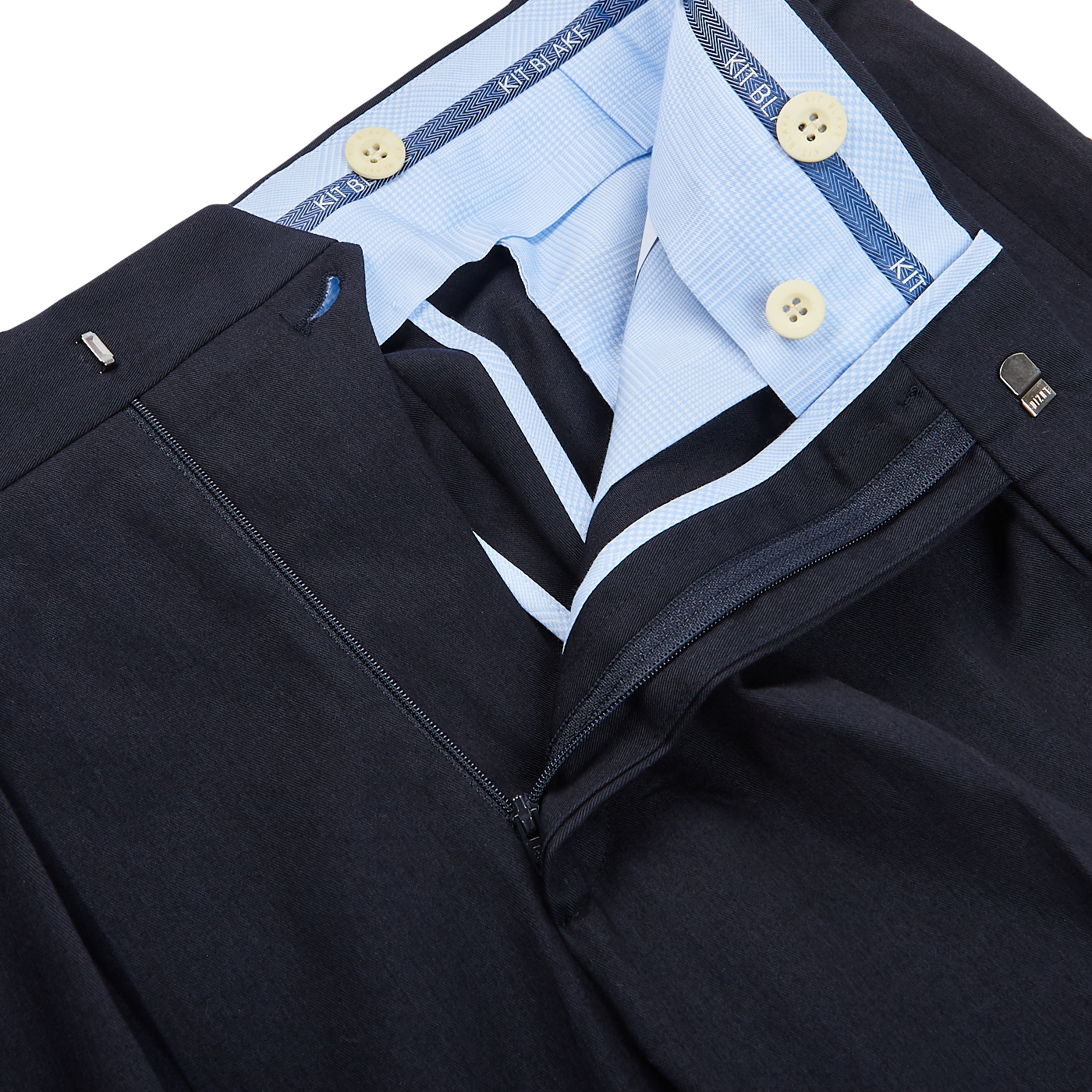 Kit Blake Navy Blue Cotton Twill Pleated Trousers Zipper