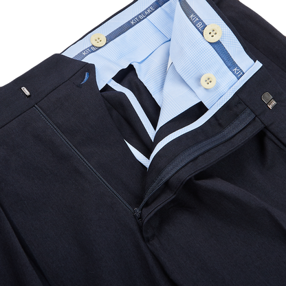 Kit Blake Navy Blue Cotton Twill Pleated Trousers Zipper