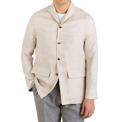 Lardini Beige Linen Herringbone Safari Jacket Front