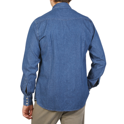 Lardini Blue Washed Denim Cotton Western Shirt Back