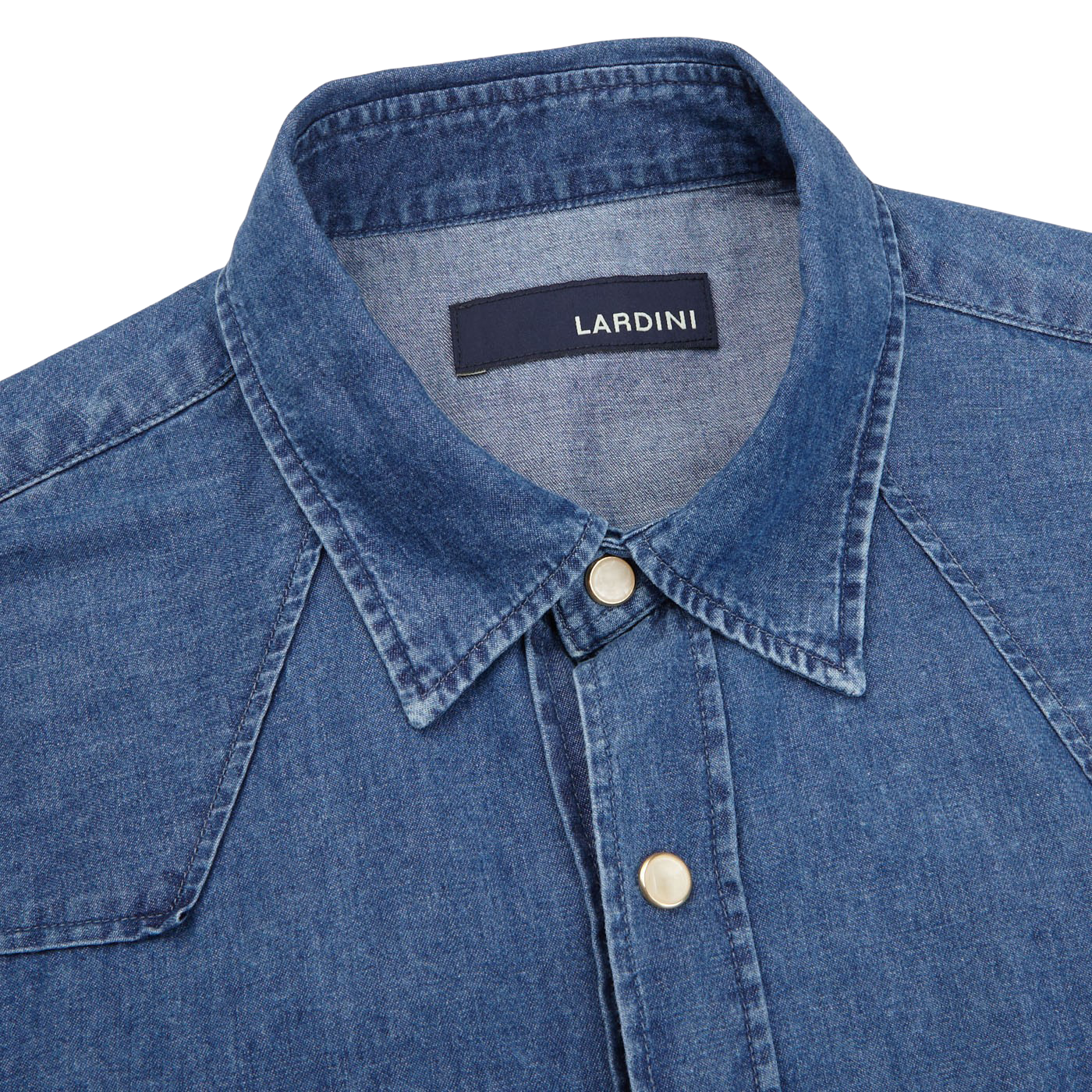 Lardini Blue Washed Denim Cotton Western Shirt Collar