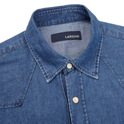 Lardini Blue Washed Denim Cotton Western Shirt Collar