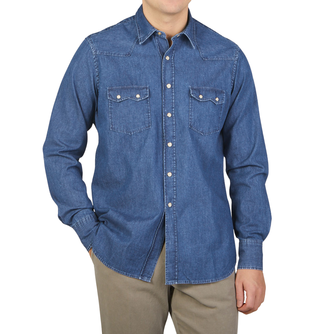 Lardini Blue Washed Denim Cotton Western Shirt Front