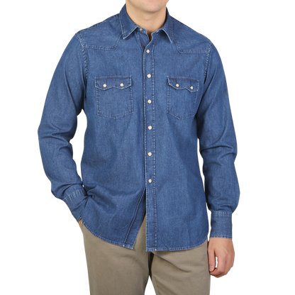 Lardini Blue Washed Denim Cotton Western Shirt Front