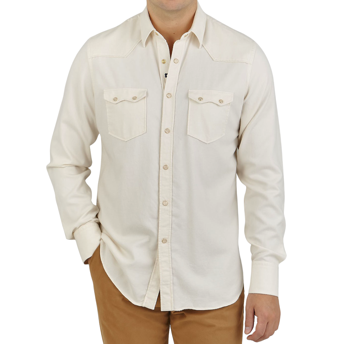 Lardini Cream White Cotton Flannel Western Shirt Front
