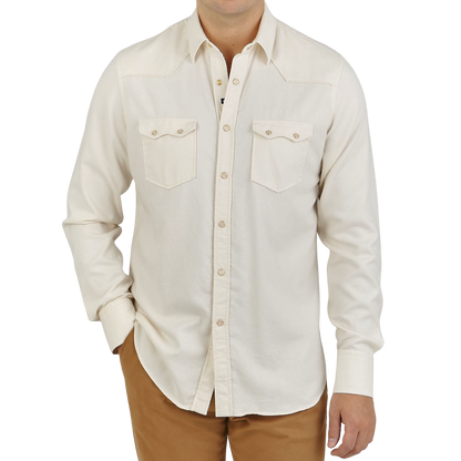 Lardini Cream White Cotton Flannel Western Shirt Front