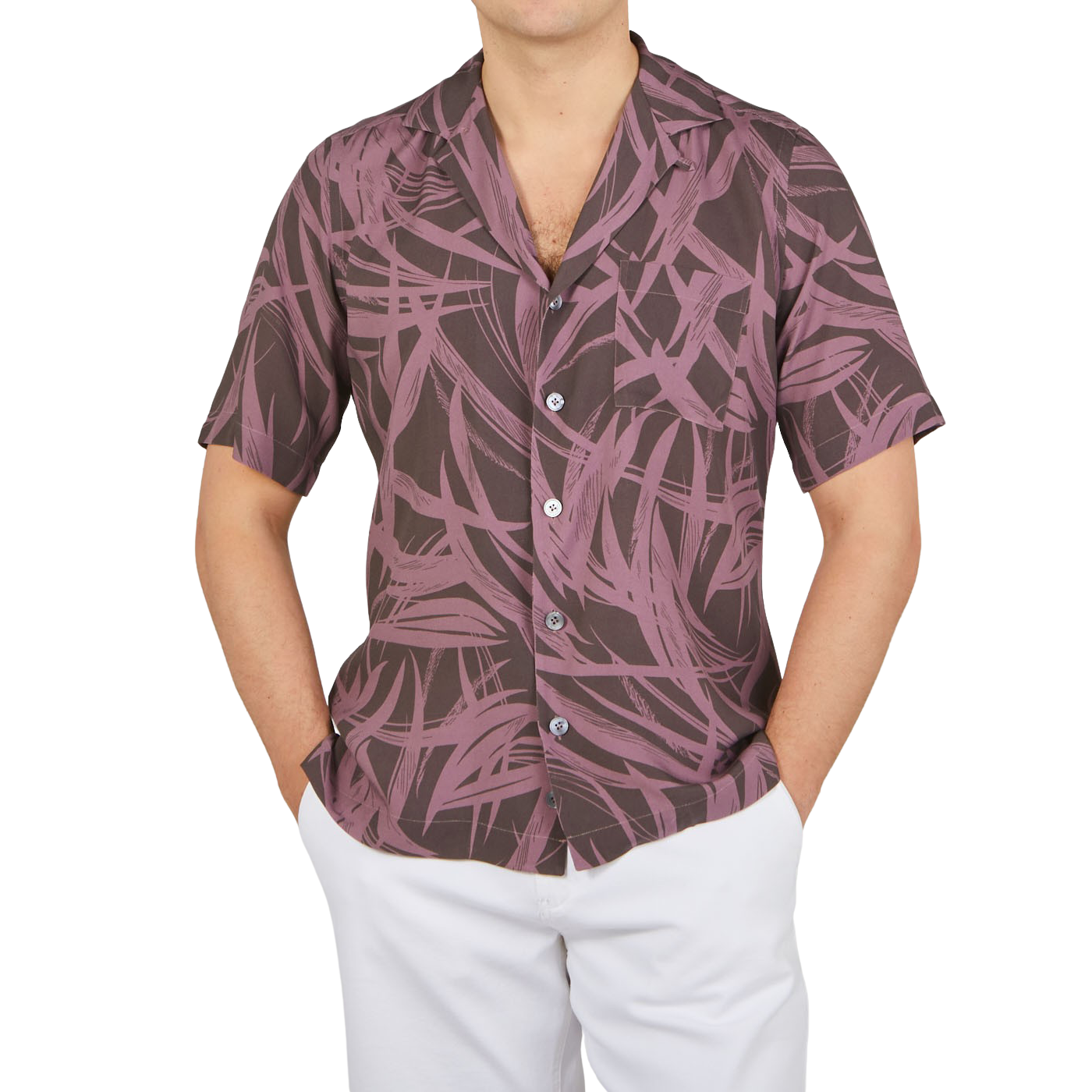 Lardini Purple Palm Print Viscose Capri Collar Shirt Front