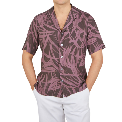 Lardini Purple Palm Print Viscose Capri Collar Shirt Front