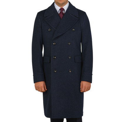 Luigi Bianchi Blue Melange Loro Piana Wool Polo Coat Front1