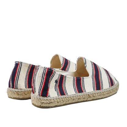 Pair of Red Navy Striped Portofino Cotton Espadrilles by Manebi on a white background.