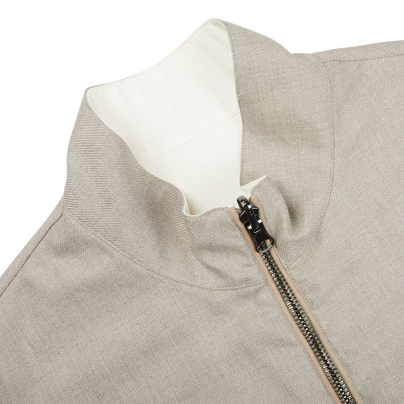 The back of a weather-resistant Manto beige reversible Loro Piana Cashpima Gilet with a zipper.