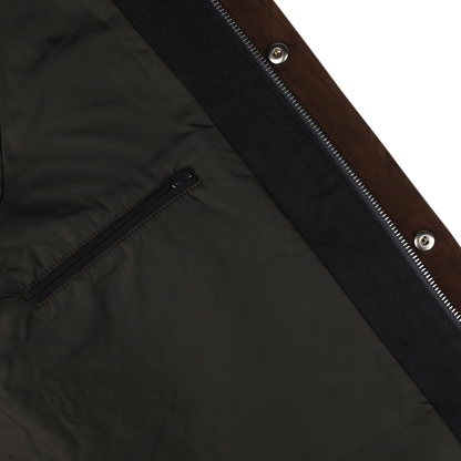 Close-up of the Navy Blue Cashmere Car Coat by Manto, showcasing a front zipper, a side pocket with a zipper, and a luxurious cashmere outer featuring classy brown collar detail.