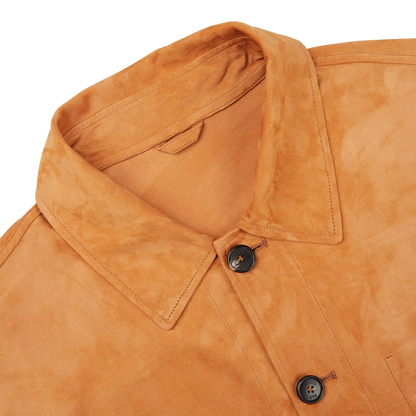 A close up image of a Manto Bright Tan Suede Leather Overshirt.