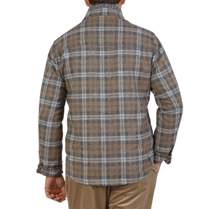Maurizio Baldassari Beige Grey Checked Baby Alpaca Wool Overshirt Back
