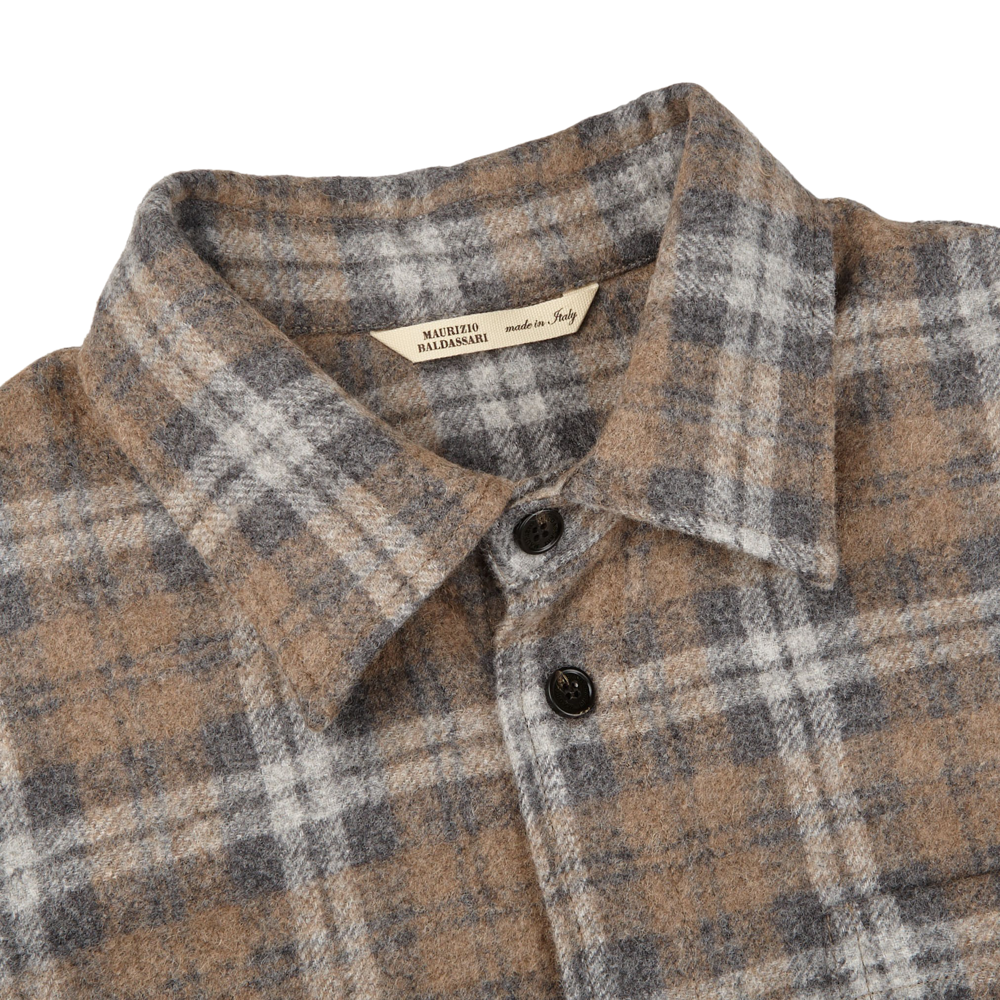 Maurizio Baldassari Beige Grey Checked Baby Alpaca Wool Overshirt Collar
