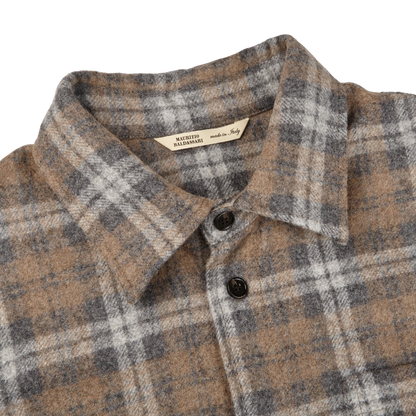 Maurizio Baldassari Beige Grey Checked Baby Alpaca Wool Overshirt Collar