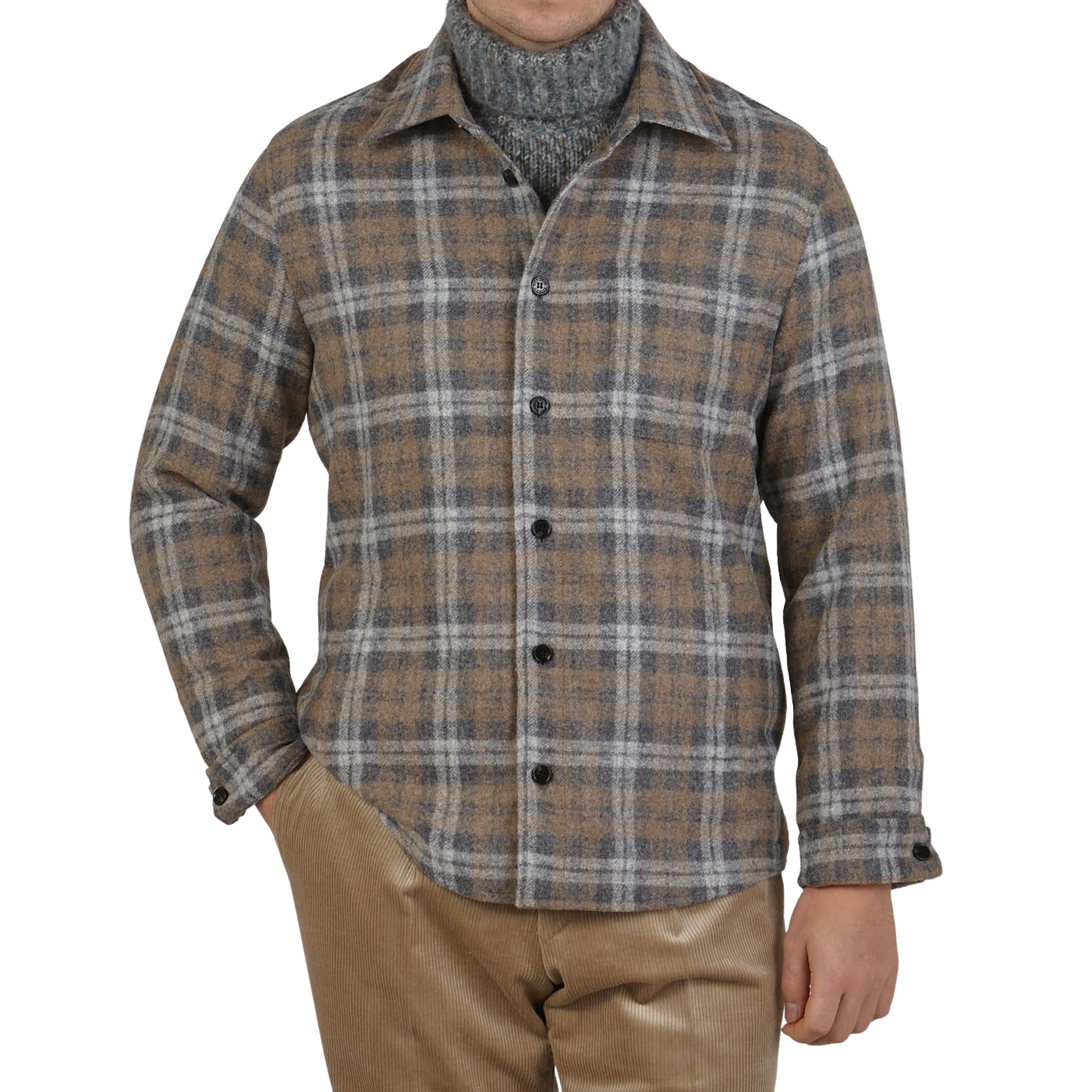 Maurizio Baldassari Beige Grey Checked Baby Alpaca Wool Overshirt Front