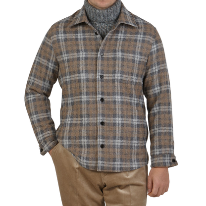 Maurizio Baldassari Beige Grey Checked Baby Alpaca Wool Overshirt Front