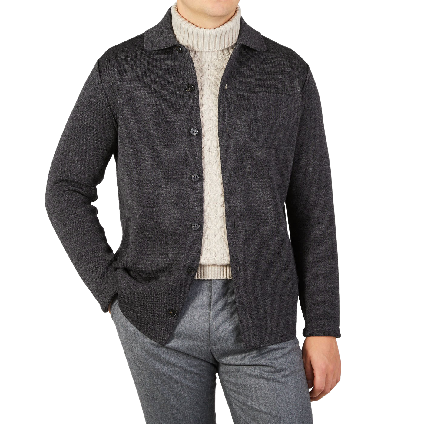 Maurizio Baldassari Charcoal Grey Milano Knitted Wool Overshirt Front