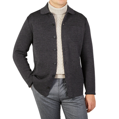 Maurizio Baldassari Charcoal Grey Milano Knitted Wool Overshirt Front