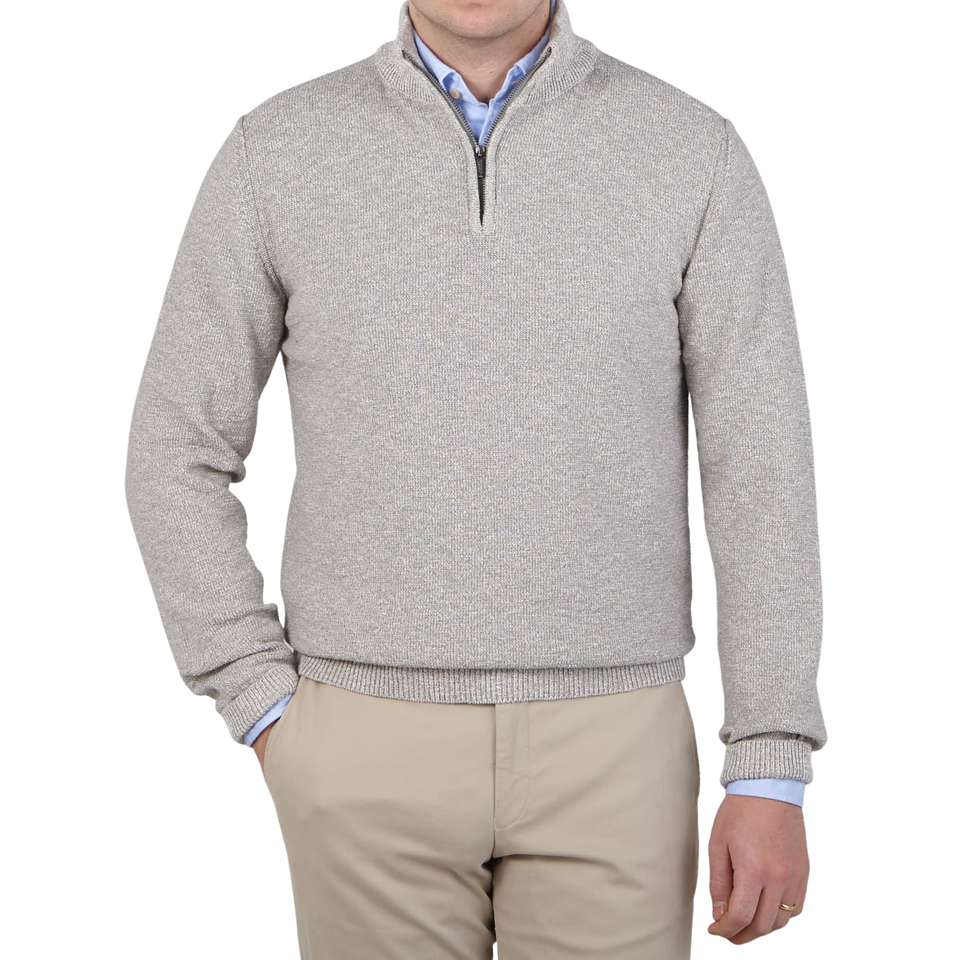 Maurizio Baldassari Light Grey Cotton Mouline 1:4 Zip Sweater Front1