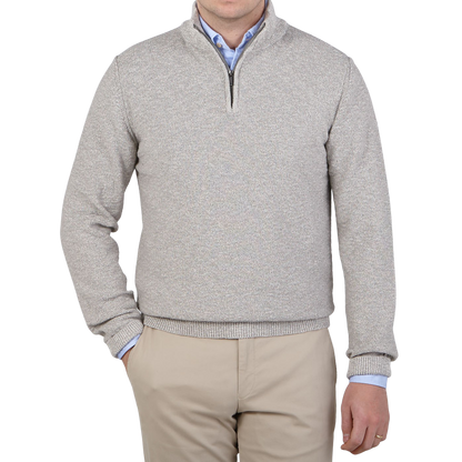 Maurizio Baldassari Light Grey Cotton Mouline 1:4 Zip Sweater Front1