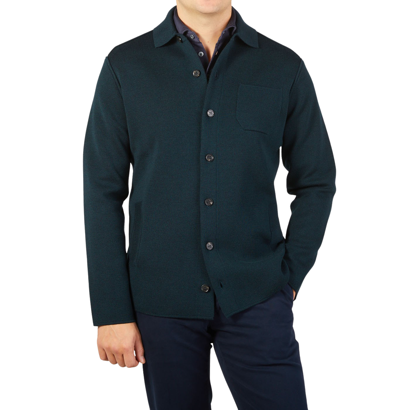 Maurizio Baldassari Petrol Green Milano Knitted Wool Overshirt Front