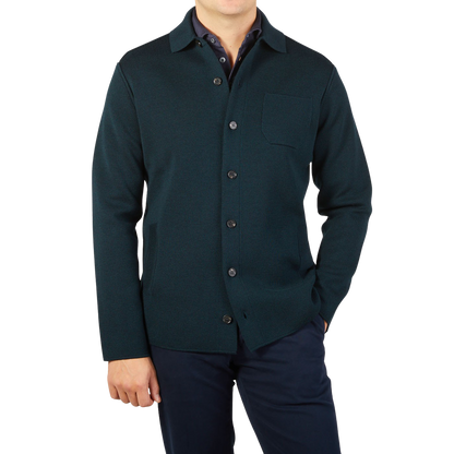 Maurizio Baldassari Petrol Green Milano Knitted Wool Overshirt Front