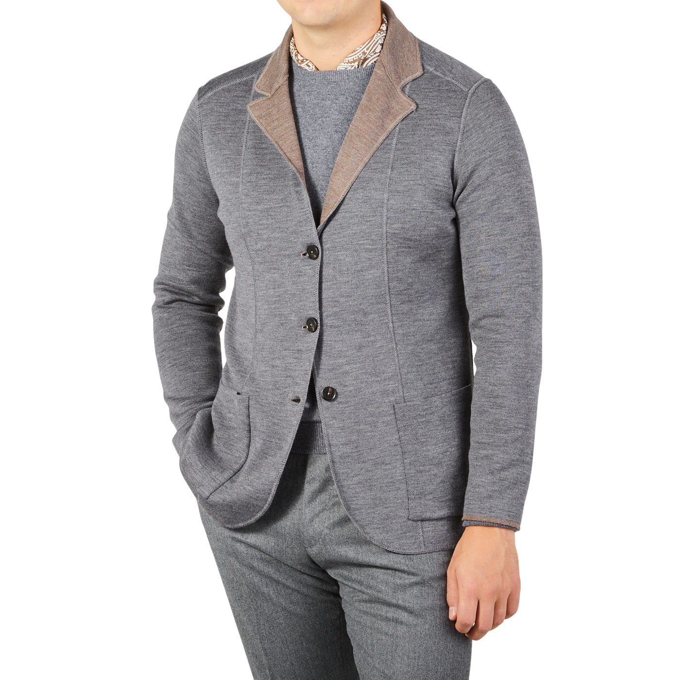 Maurizio Baldassari Taupe Grey Knitted Wool Reversible Swacket Front Inside