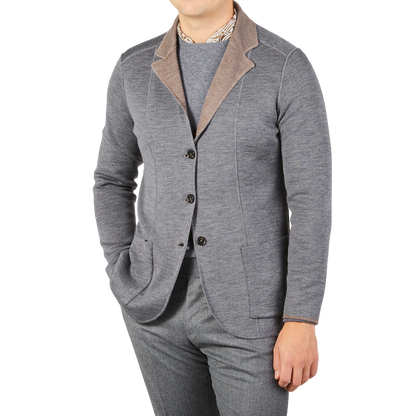 Maurizio Baldassari Taupe Grey Knitted Wool Reversible Swacket Front Inside