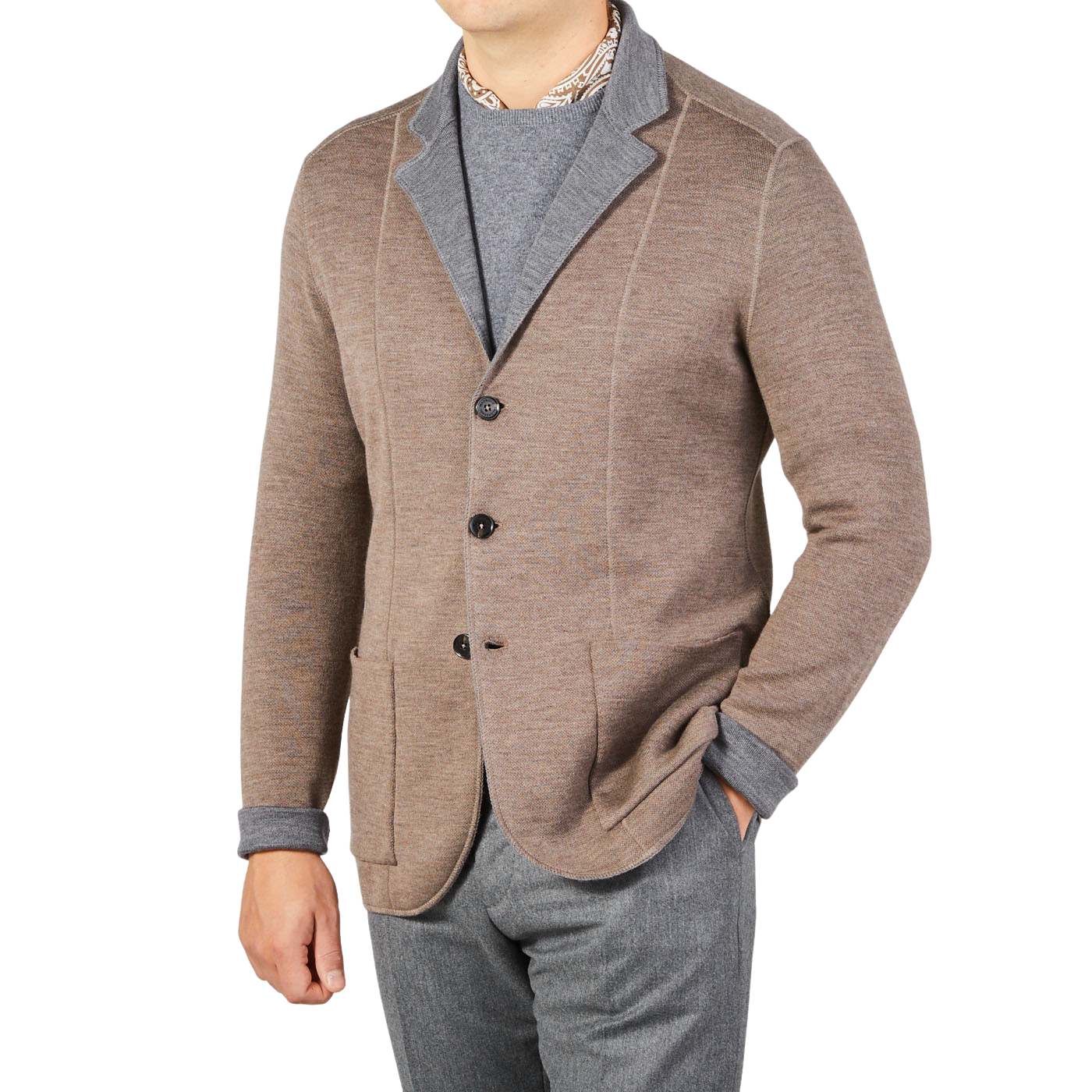 Maurizio Baldassari Taupe Grey Knitted Wool Reversible Swacket Front
