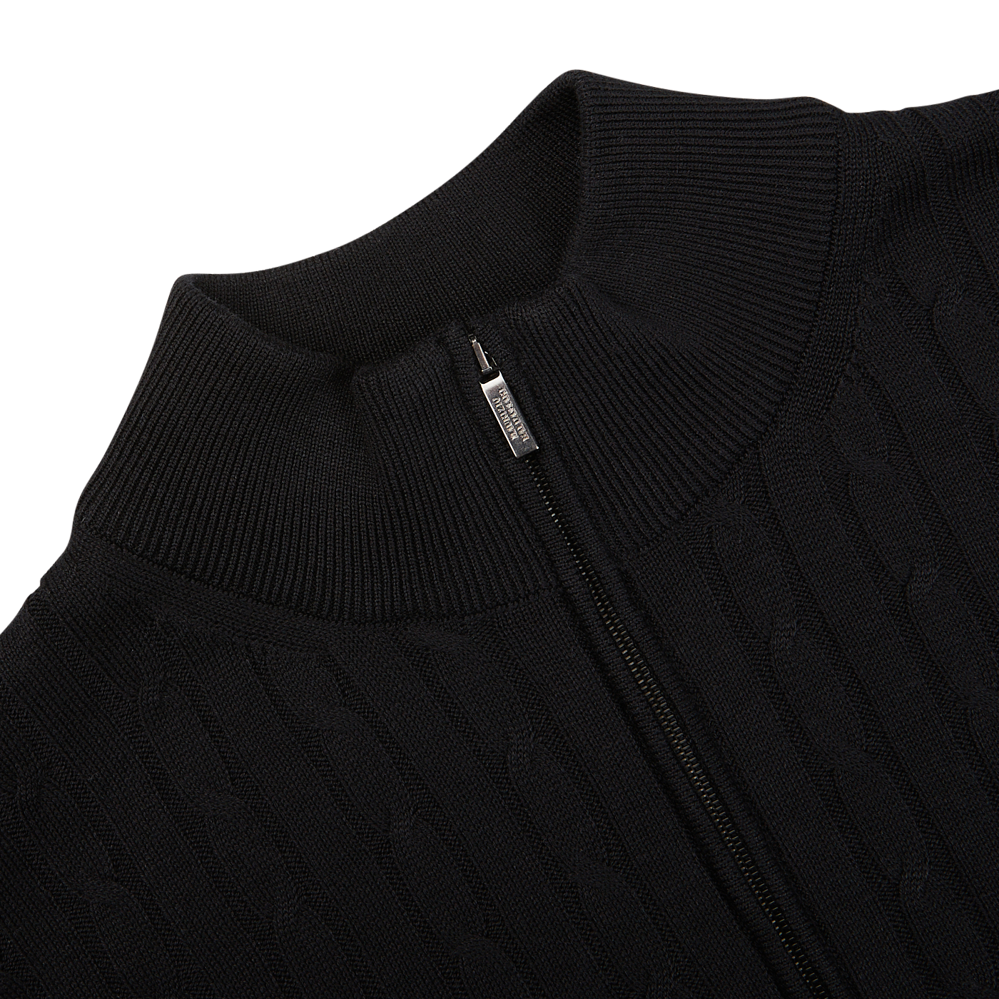 Close-up of a black Maurizio Baldassari Black Cotton Silk Cable-Knit 1/4 Zip Sweater with a partial zipper detail.