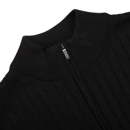 Close-up of a black Maurizio Baldassari Black Cotton Silk Cable-Knit 1/4 Zip Sweater with a partial zipper detail.
