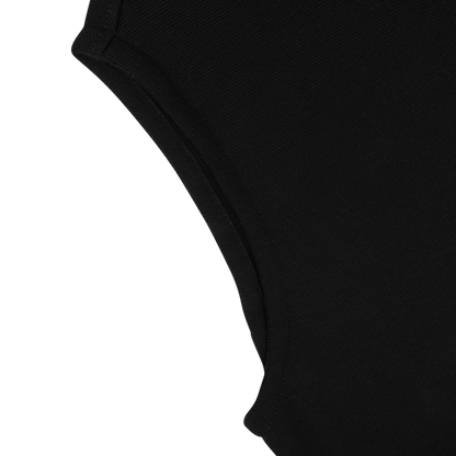 Close-up of the shoulder and neckline of the Black Milano Stitch Wool Zip Gilet by Maurizio Baldassari, showcasing its craftsmanship with soft virgin wool in a Milano stitch technique, set against a white background.