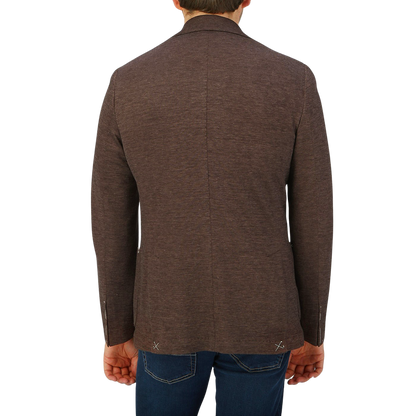The back view of a man wearing a Maurizio Baldassari Brown Melange Wool Linen Silk Jersey Blazer.