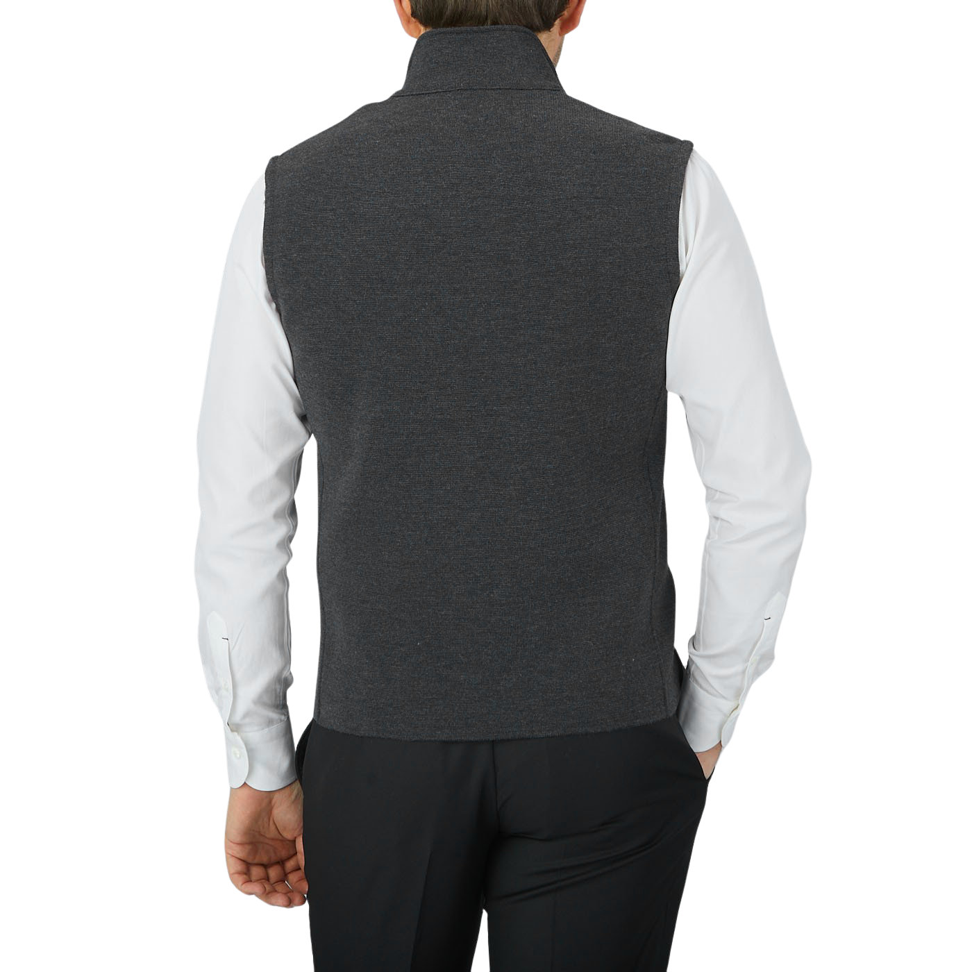 The back view of a man wearing a Maurizio Baldassari Charcoal Grey Milano Stitch Wool Zip Gilet.