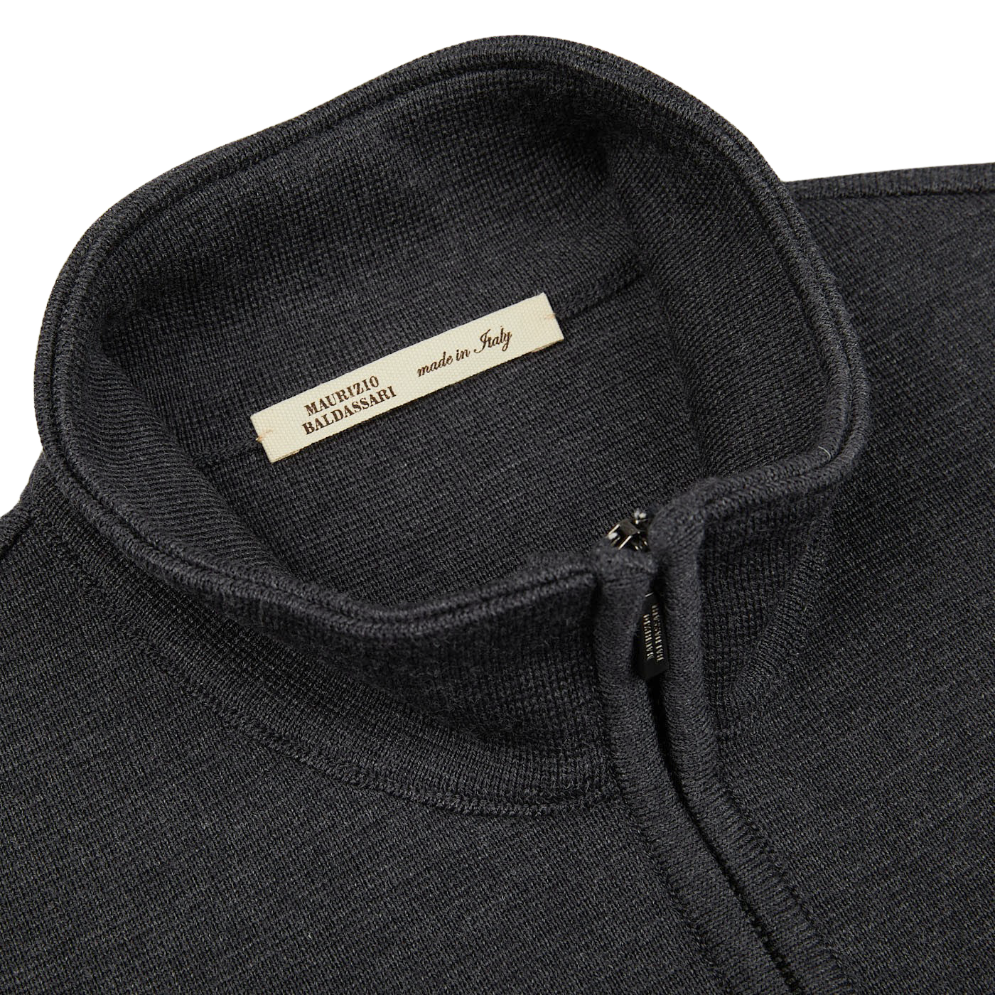 A close up of a Maurizio Baldassari Charcoal Grey Milano Stitch Wool Zip Gilet with charcoal grey accents.