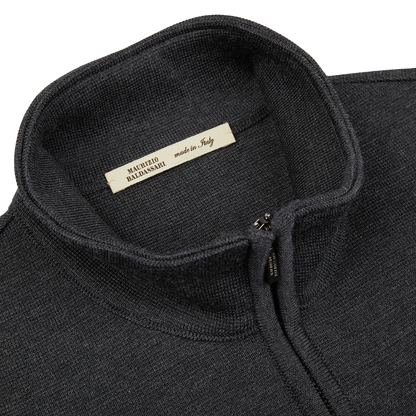 A close up of a Maurizio Baldassari Charcoal Grey Milano Stitch Wool Zip Gilet with charcoal grey accents.