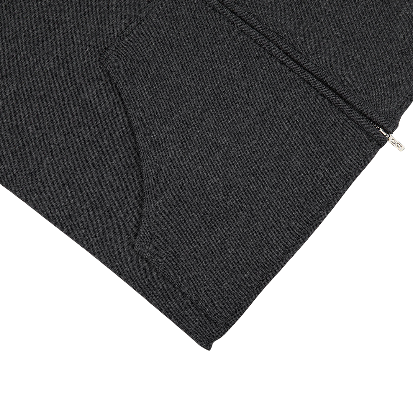 A Maurizio Baldassari Charcoal Grey Milano Stitch Wool Zip Gilet with a zipper on the side.