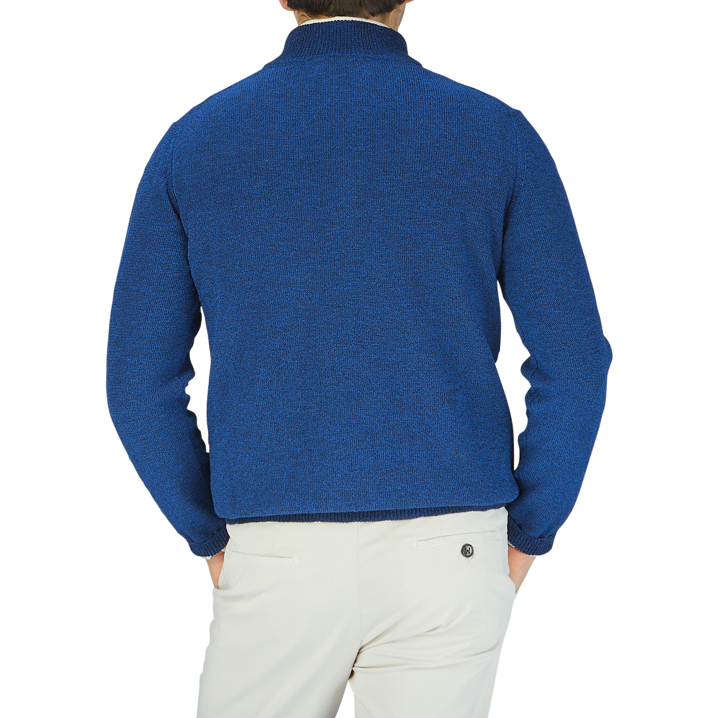 The back view of a man wearing a Maurizio Baldassari Denim Blue Cotton Mouline 1/4 Zip Sweater.