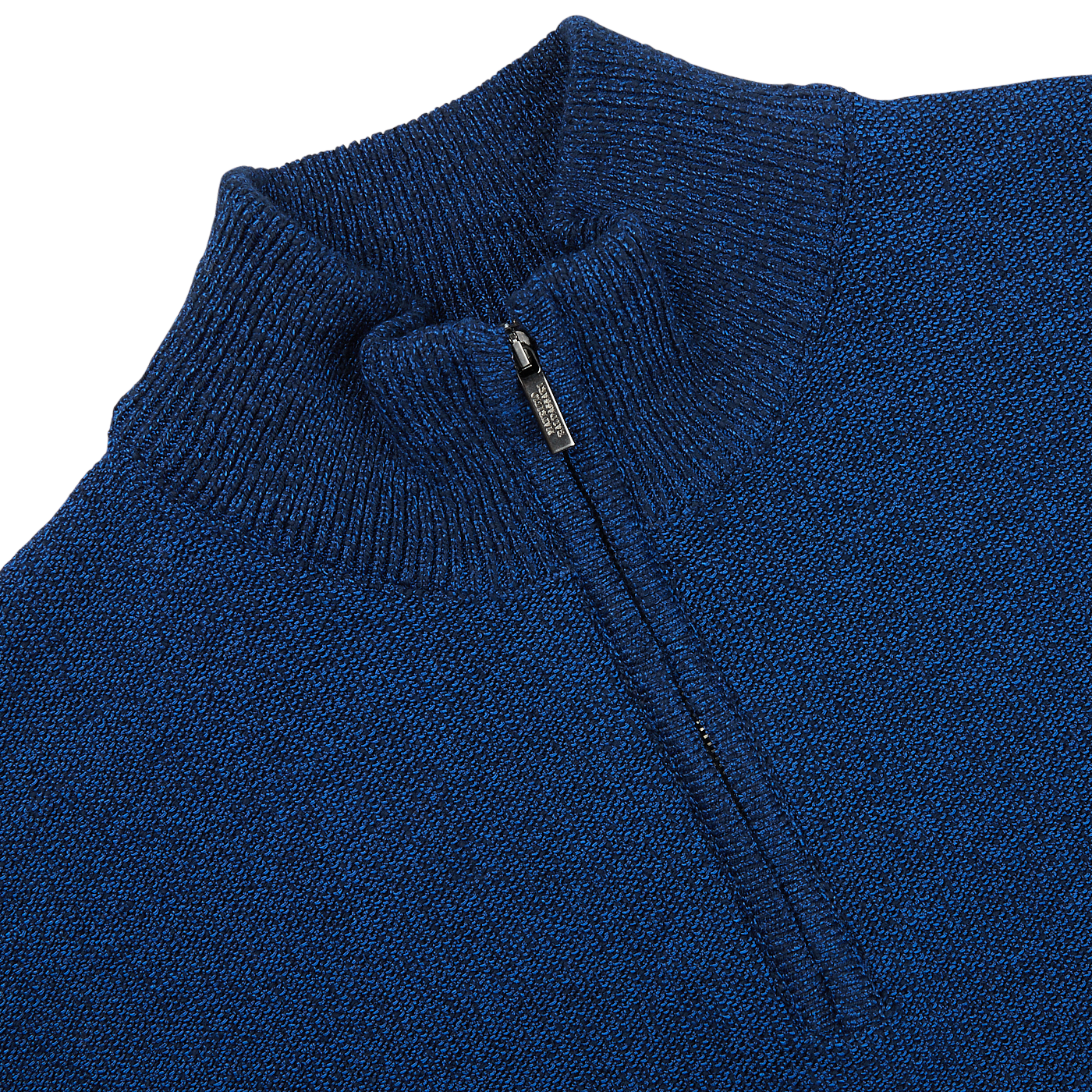 A close up of a Maurizio Baldassari Denim Blue Cotton Mouline 1/4 Zip Sweater.