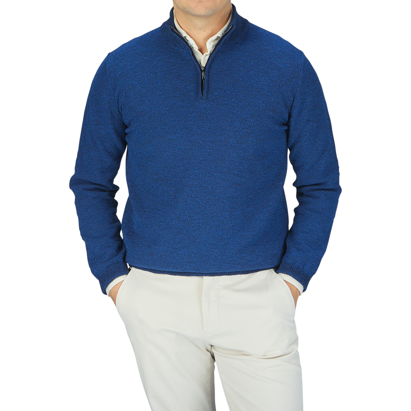 A man wearing a Maurizio Baldassari Denim Blue Cotton Mouline 1/4 Zip Sweater and khaki pants.