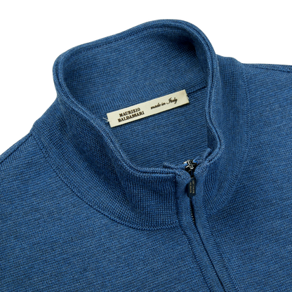A close up of a Denim Blue Milano Stitch Wool Zip Gilet by Maurizio Baldassari.