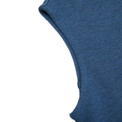 A close up of a Maurizio Baldassari Denim Blue Milano Stitch Wool Zip Gilet.