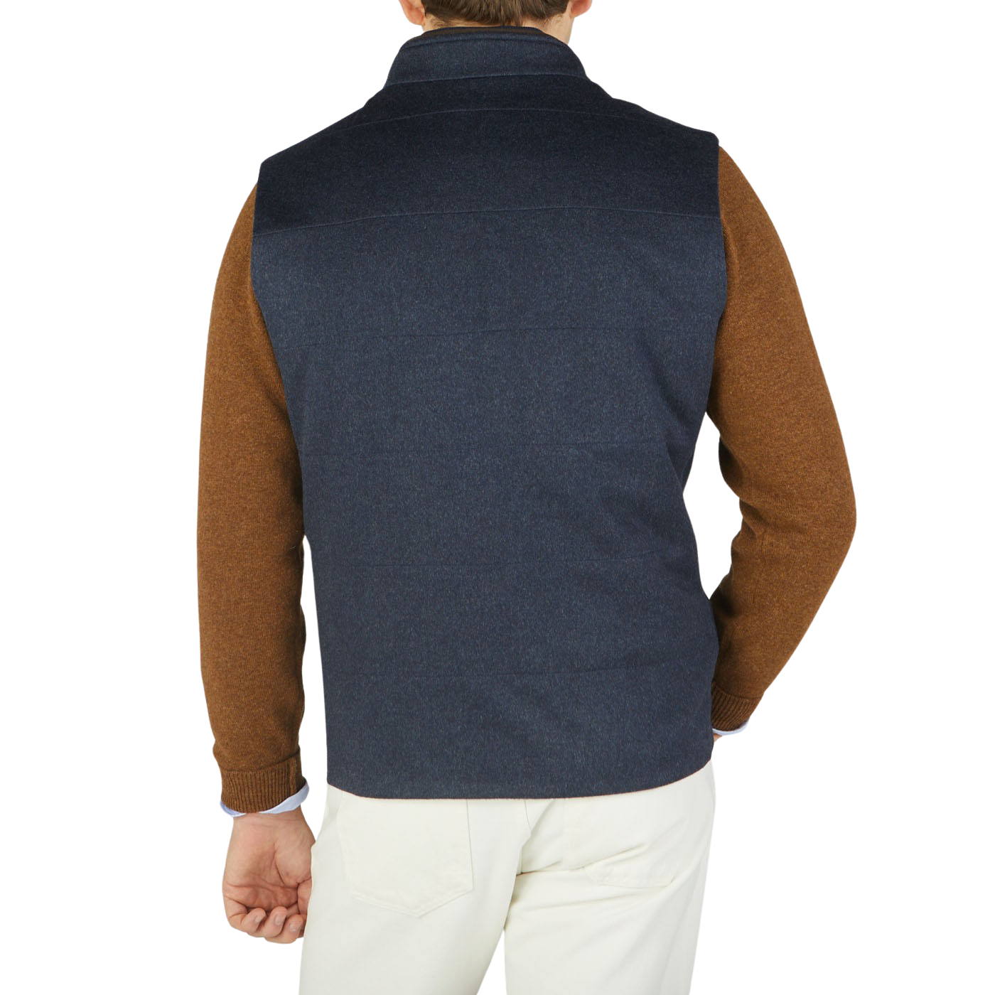 The back view of a man wearing a Maurizio Baldassari Denim Blue Water Repellent Pure Cashmere Gilet.