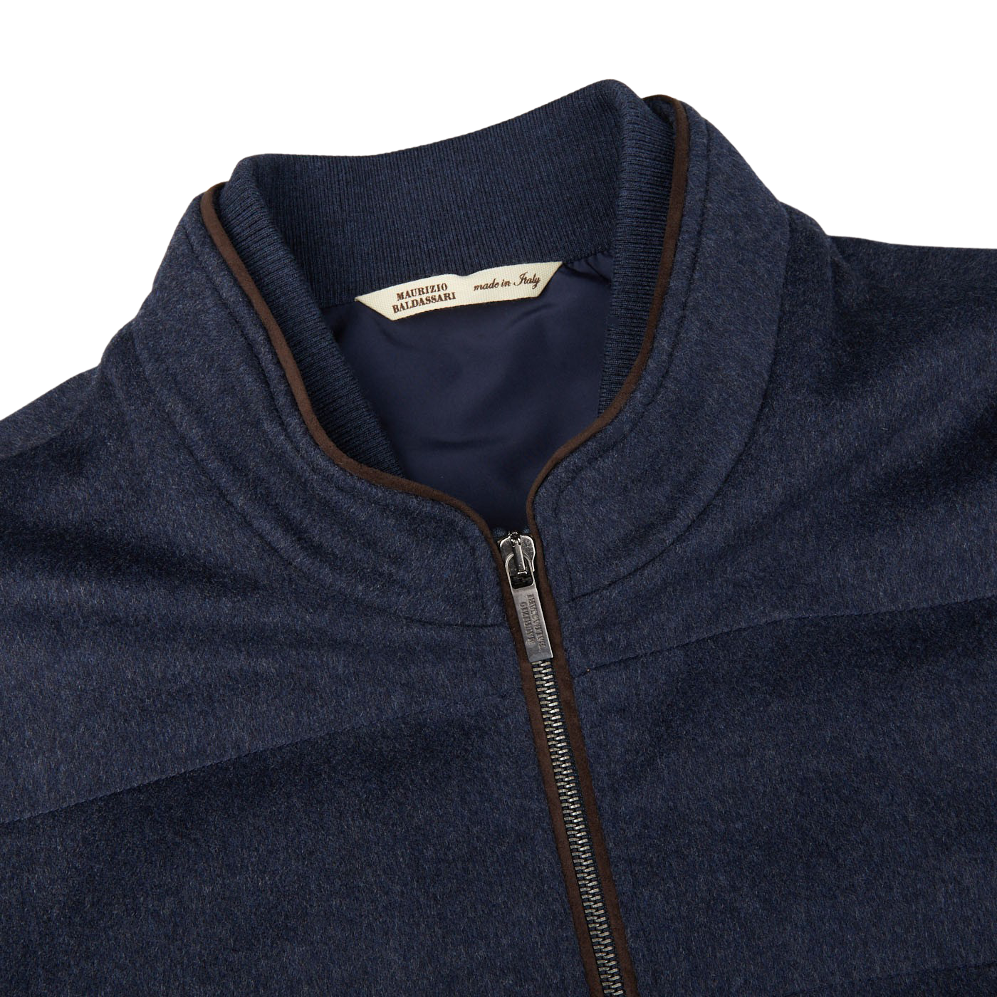 The Denim Blue Water Repellent Pure Cashmere Gilet by Maurizio Baldassari.