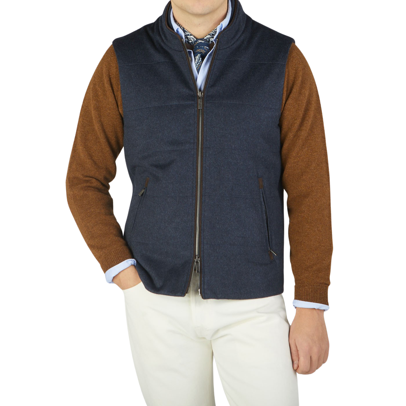 A man wearing a Maurizio Baldassari Denim Blue Water Repellent Pure Cashmere Gilet.