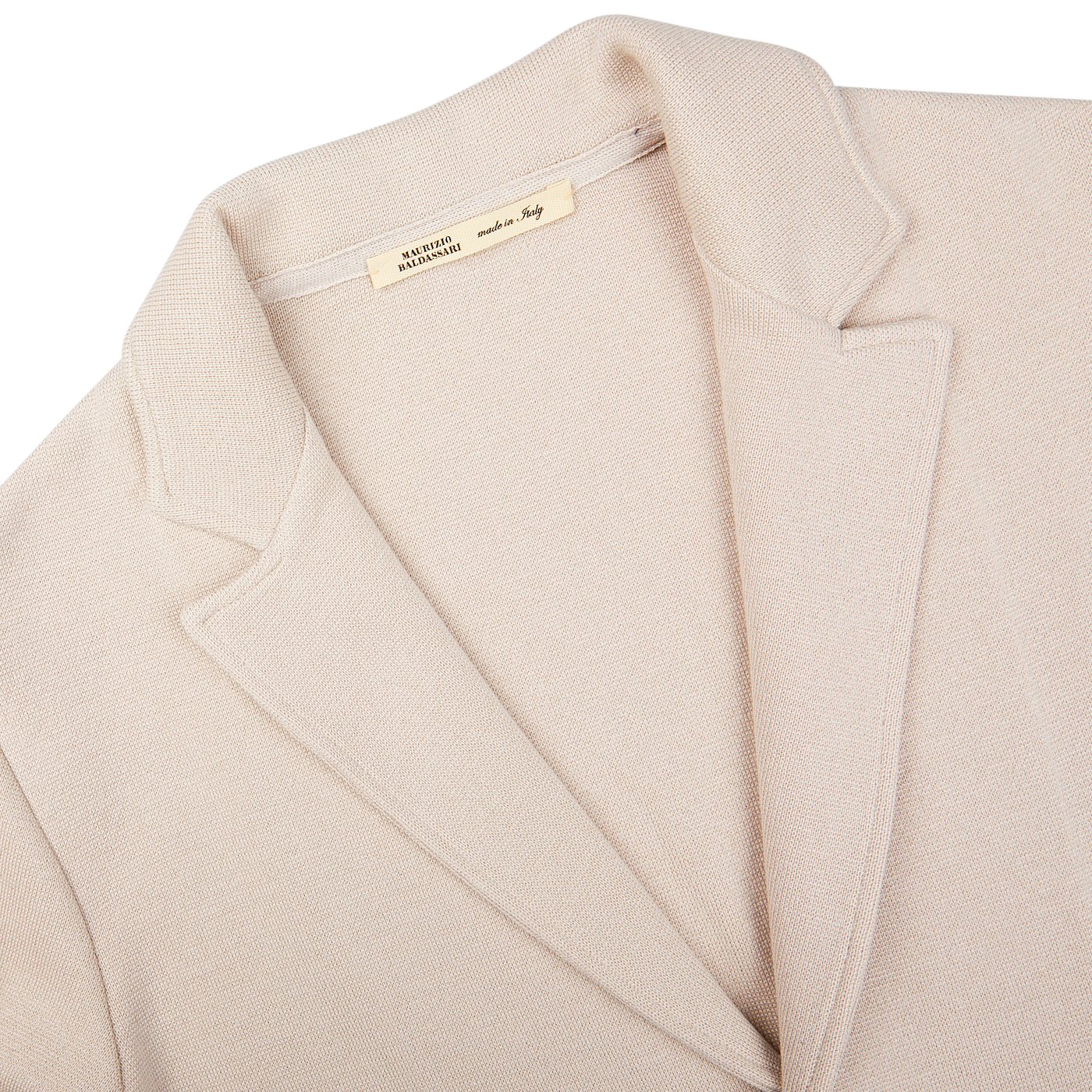 Light Beige Silk Cotton Knitted Milano Blazer with a Maurizio Baldassari label on the neckline, a casual substitute.