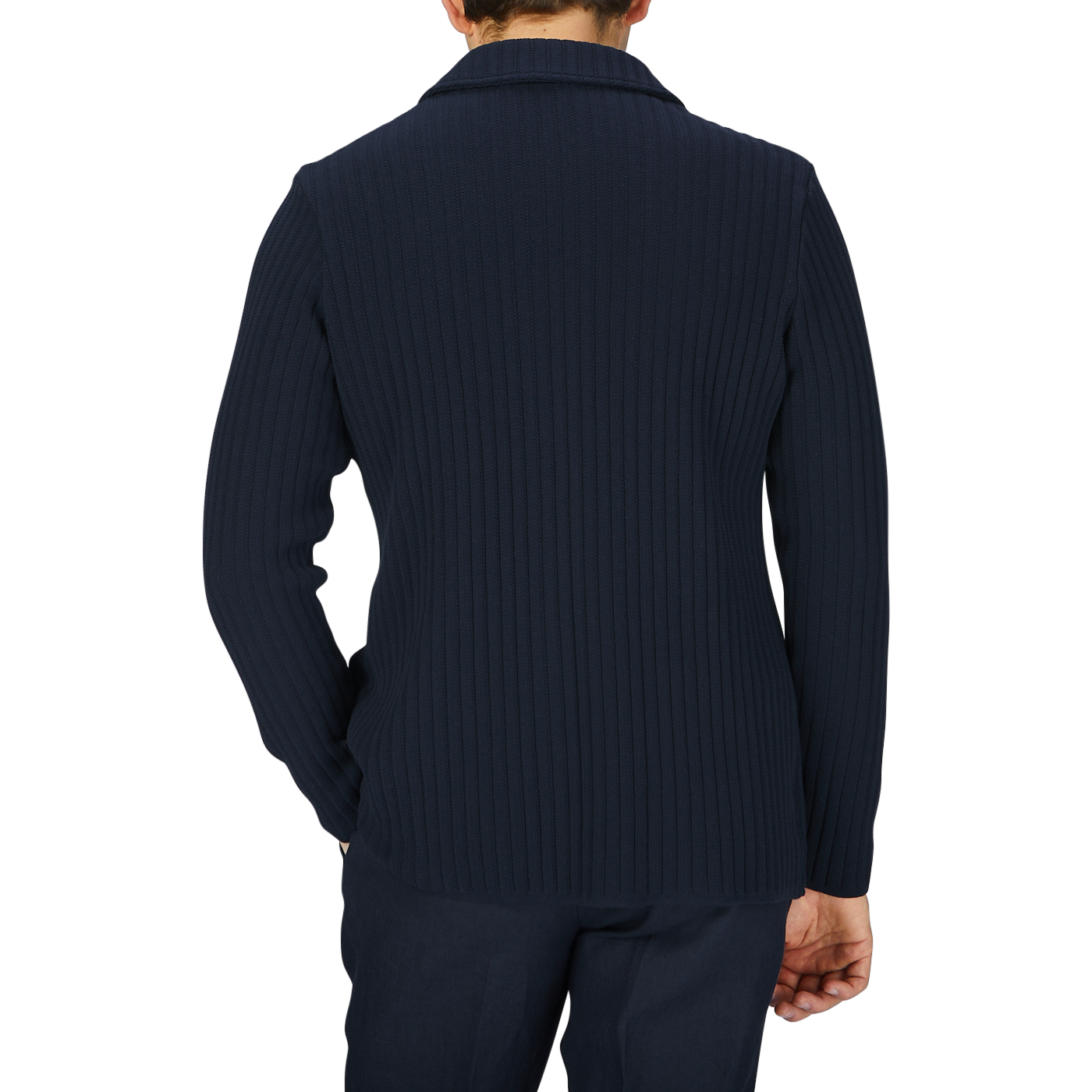 The back view of a man wearing a Maurizio Baldassari Navy Blue Organic Cotton Rib Stitched Swacket.